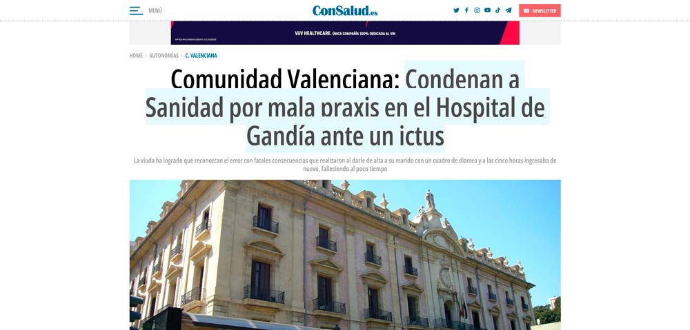 Condena a Sanidad por mala praxis en el Hospital de Gandía ante un ictus